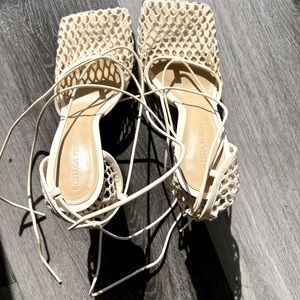 Bottega Veneta stretch lace up sandal. Color is toile